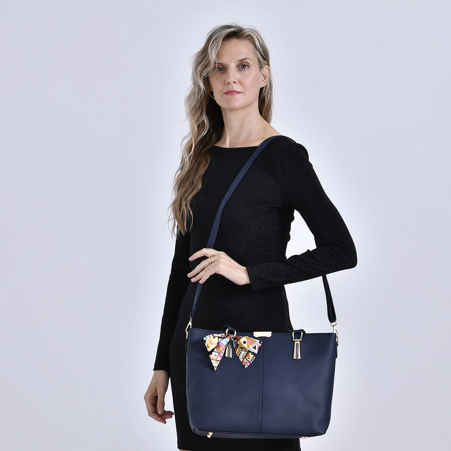 Leatherette Tote Bag with Scarf - Navy