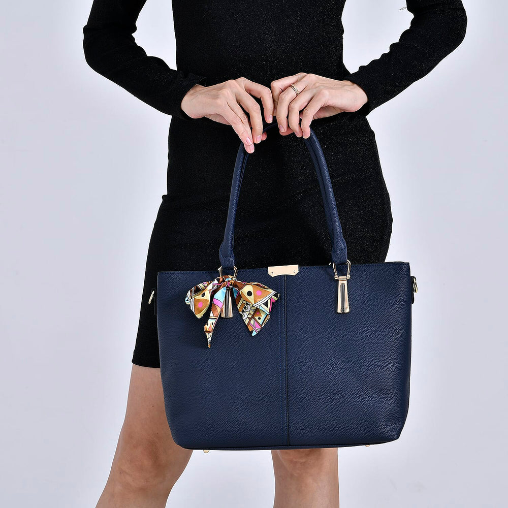 Leatherette Tote Bag with Scarf - Navy