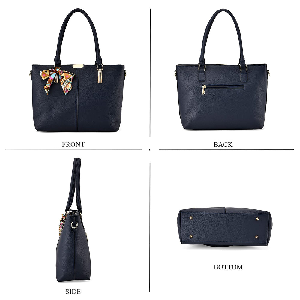 Leatherette Tote Bag with Scarf - Navy