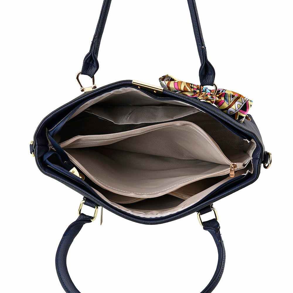 Leatherette Tote Bag with Scarf - Navy