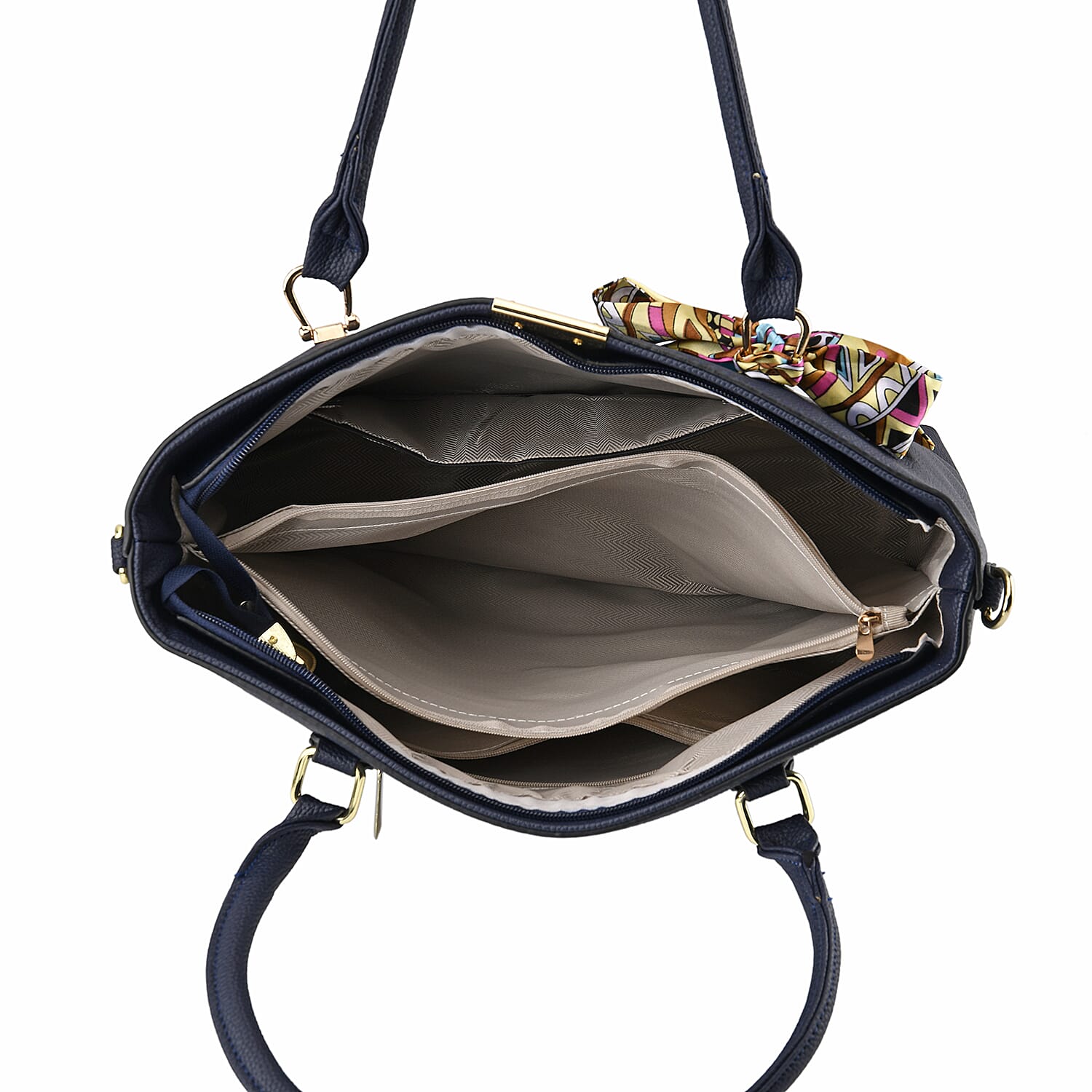 Leatherette Tote Bag with Scarf - Navy