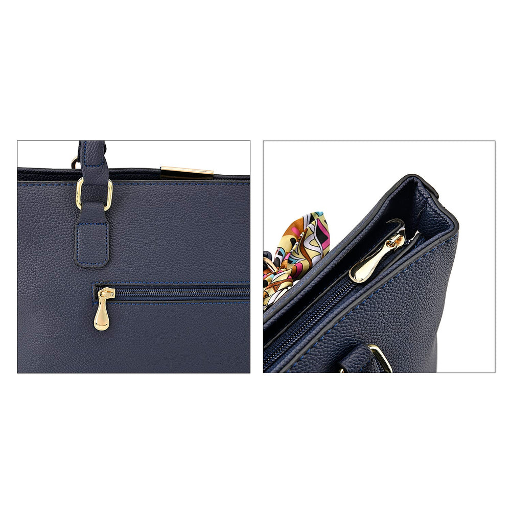 Leatherette Tote Bag with Scarf - Navy