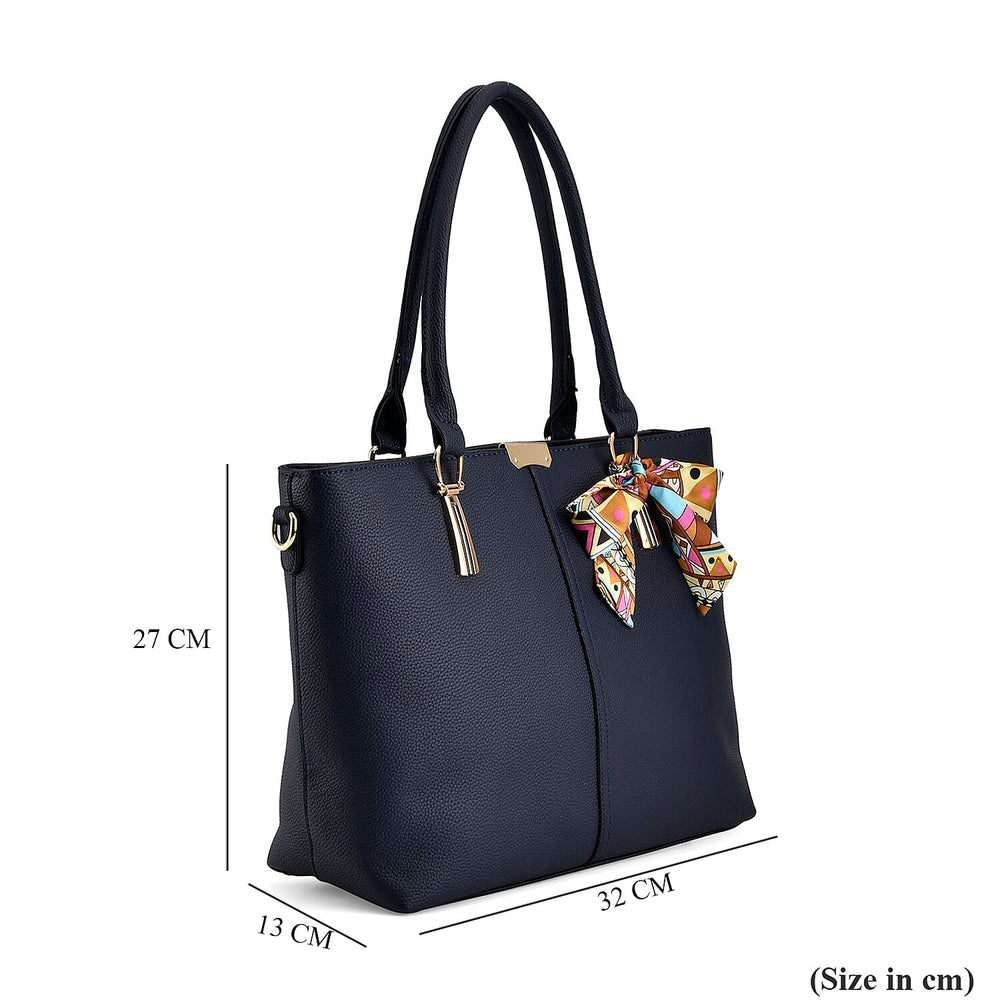 Leatherette Tote Bag with Scarf - Navy