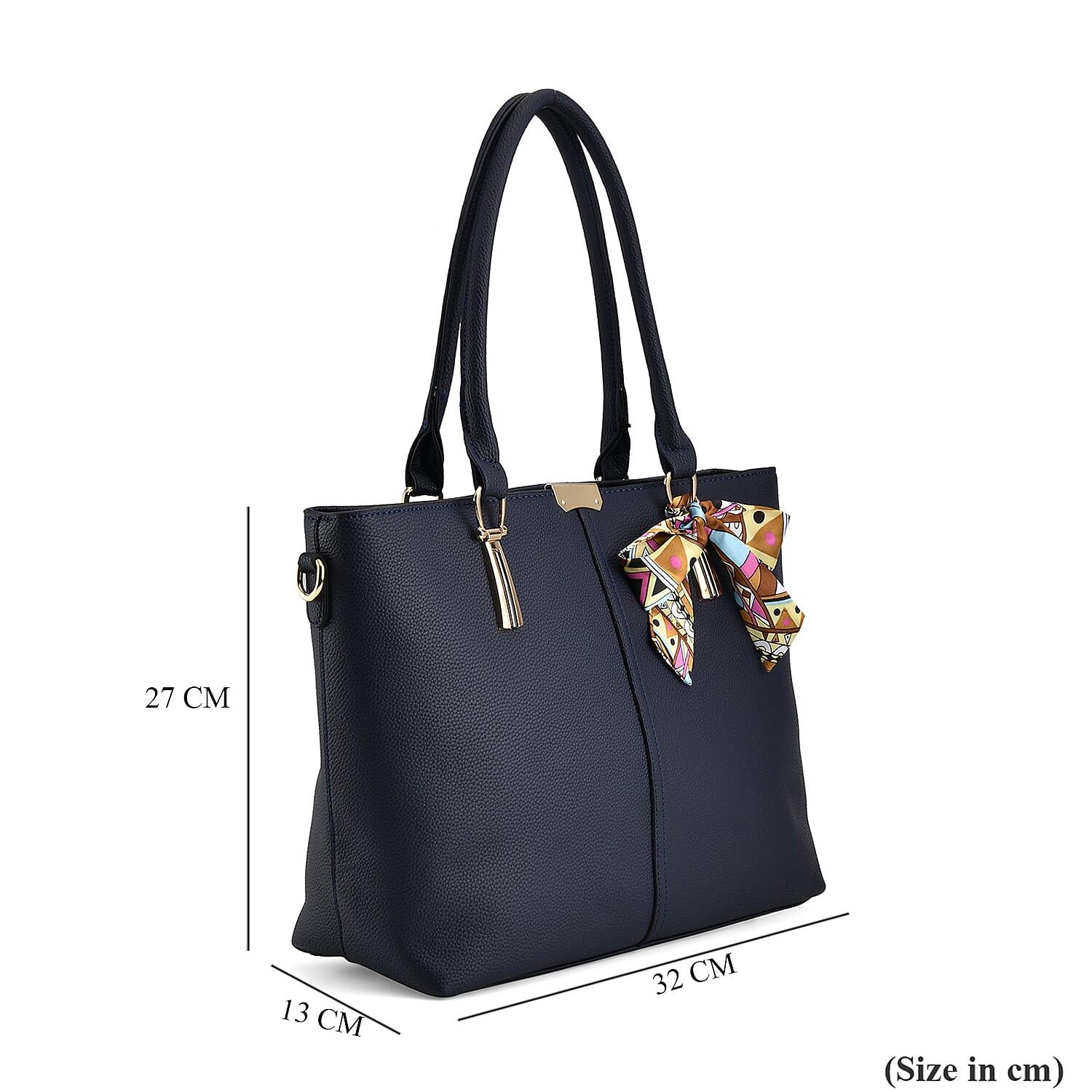 Leatherette Tote Bag with Scarf - Navy