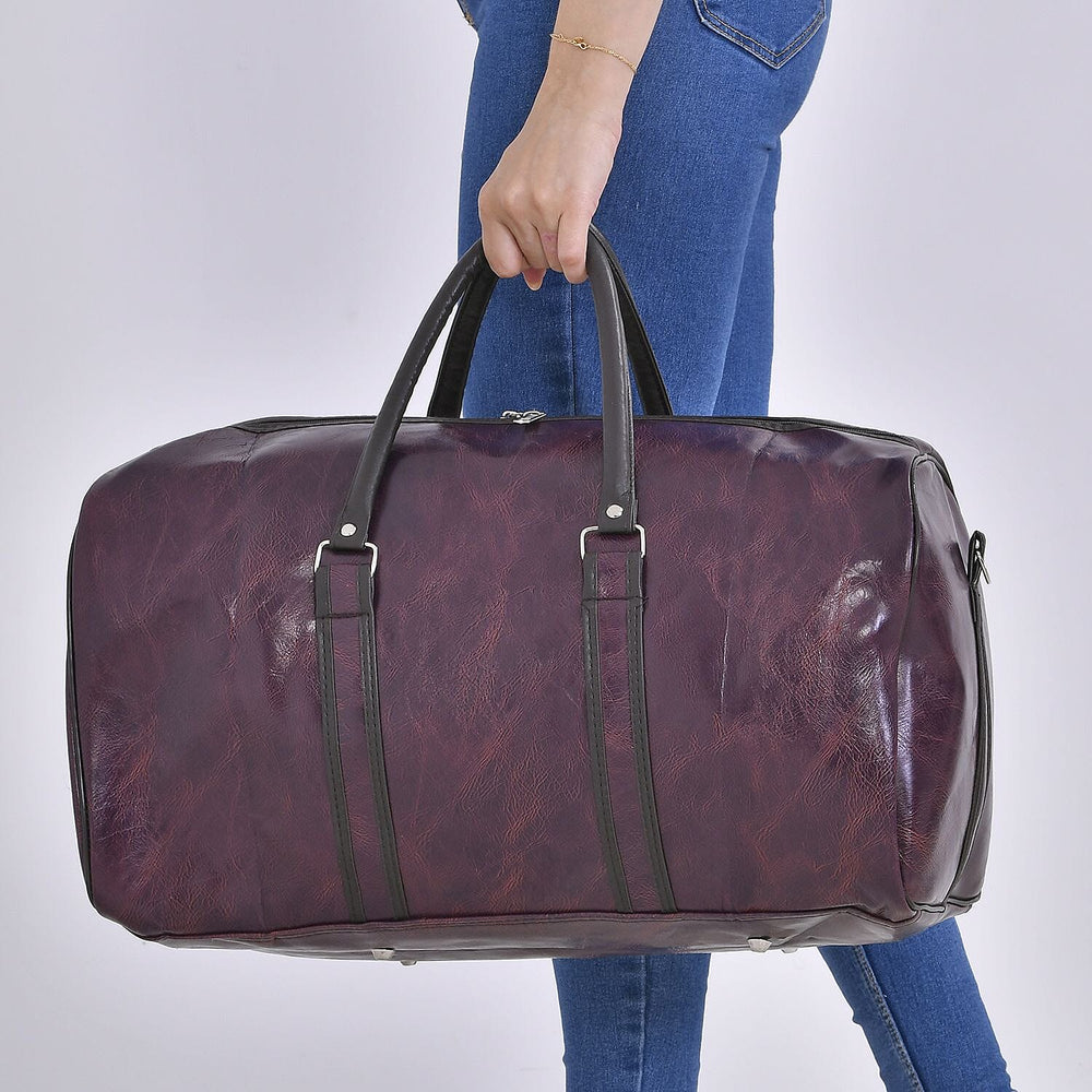 Designer Inspired Travel Duffle Bag with Shoulder Strap - Burgundy