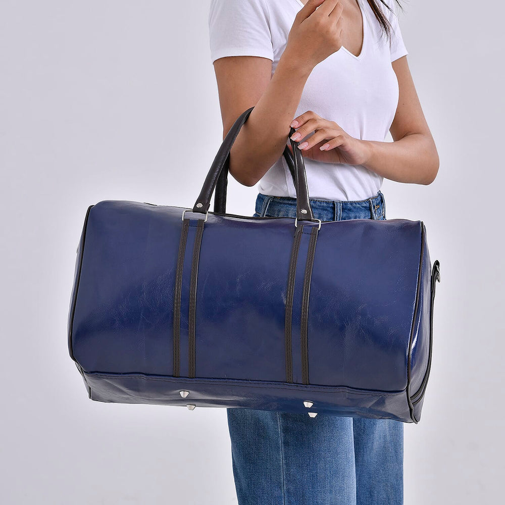 Designer Inspired Travel Duffle Bag with Shoulder Strap - Navy
