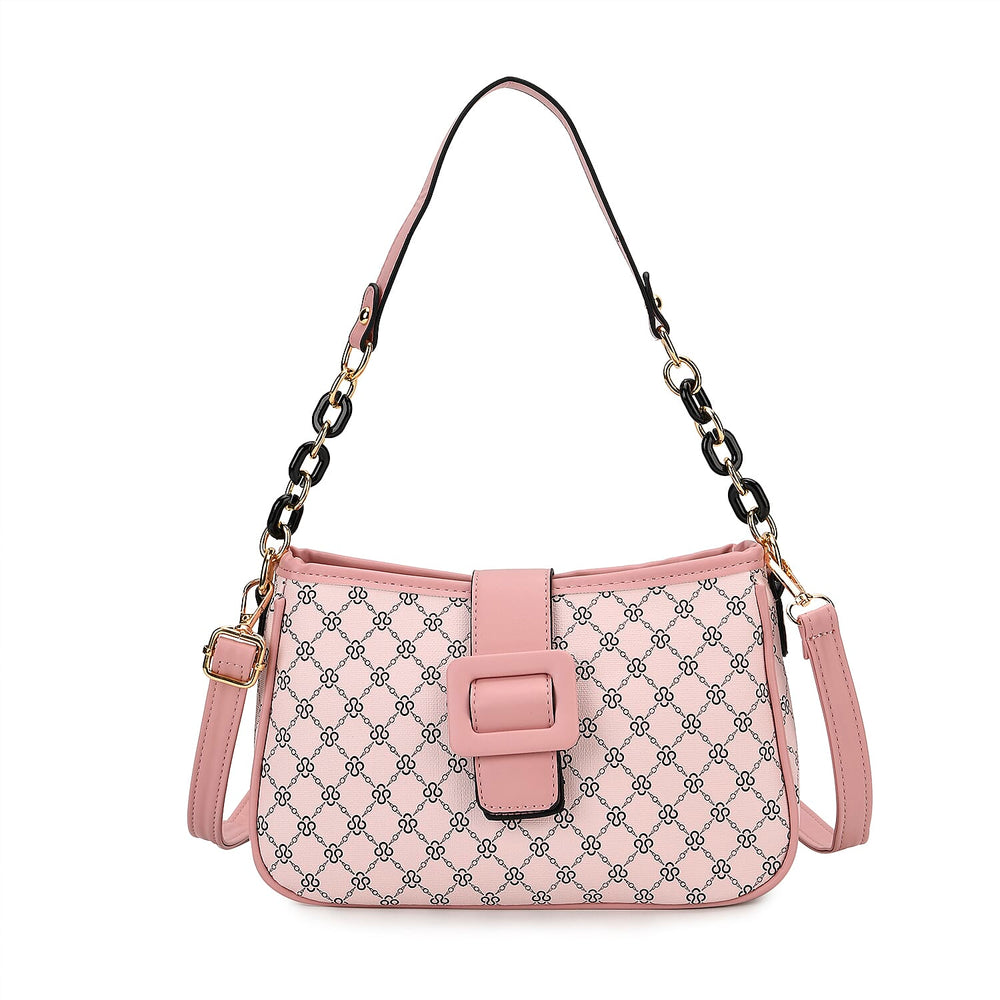 DESIGNER INSPIRED - Diamond Pattern Crossbody Bag with Chain Detail Strap - Pink