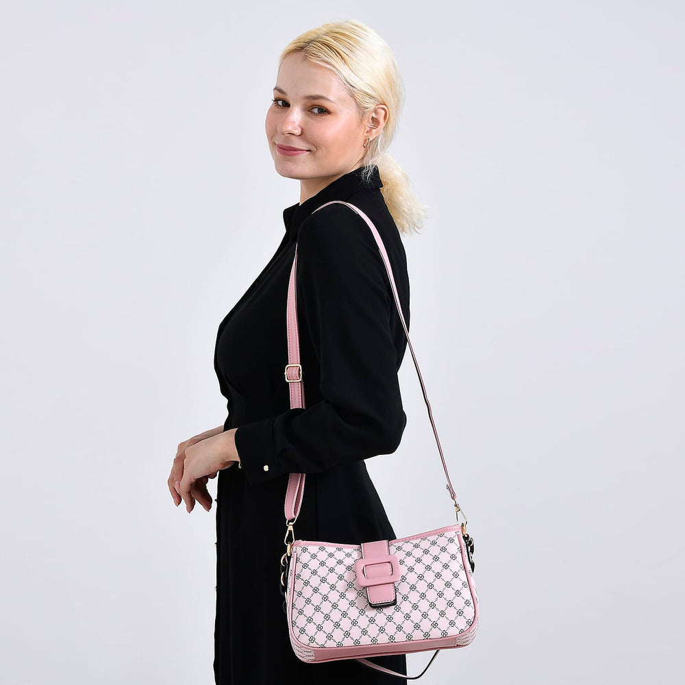 DESIGNER INSPIRED - Diamond Pattern Crossbody Bag with Chain Detail Strap - Pink