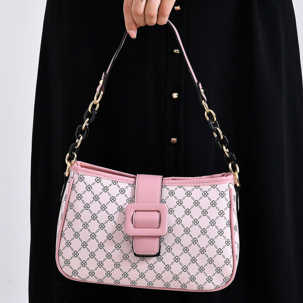 DESIGNER INSPIRED - Diamond Pattern Crossbody Bag with Chain Detail Strap - Pink