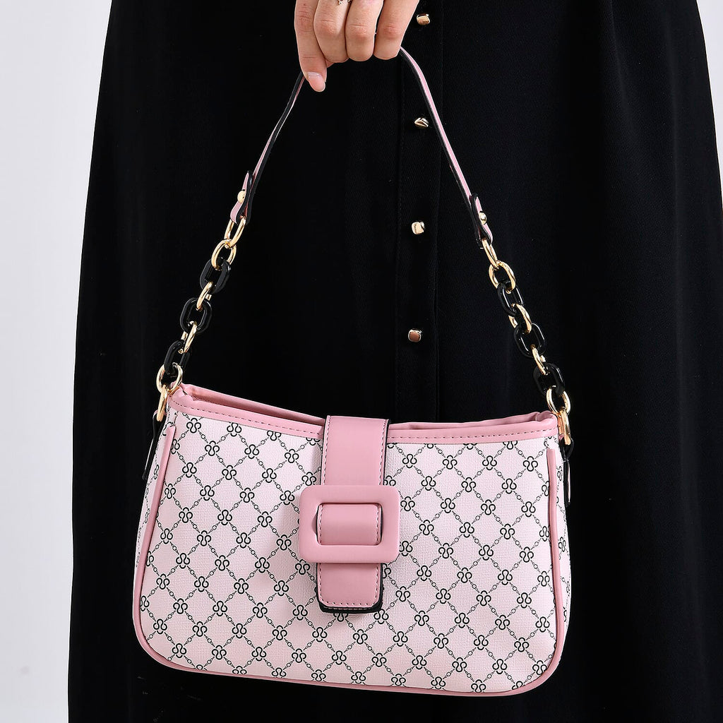DESIGNER INSPIRED - Diamond Pattern Crossbody Bag with Chain Detail Strap - Pink