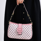 DESIGNER INSPIRED - Diamond Pattern Crossbody Bag with Chain Detail Strap - Pink
