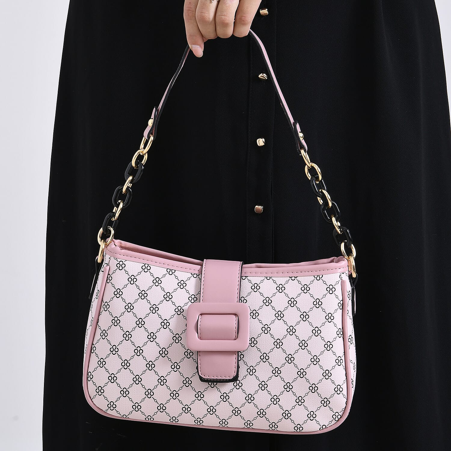 DESIGNER INSPIRED - Diamond Pattern Crossbody Bag with Chain Detail Strap - Pink