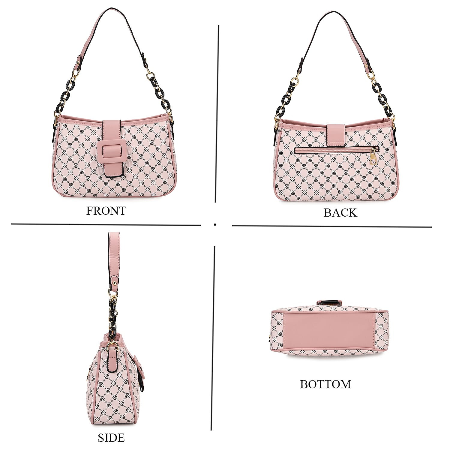 DESIGNER INSPIRED - Diamond Pattern Crossbody Bag with Chain Detail Strap - Pink