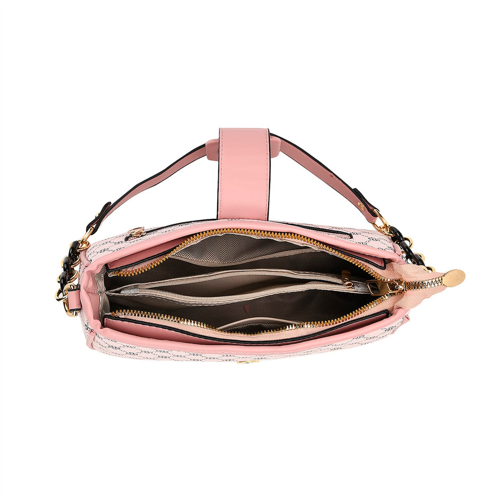 DESIGNER INSPIRED - Diamond Pattern Crossbody Bag with Chain Detail Strap - Pink