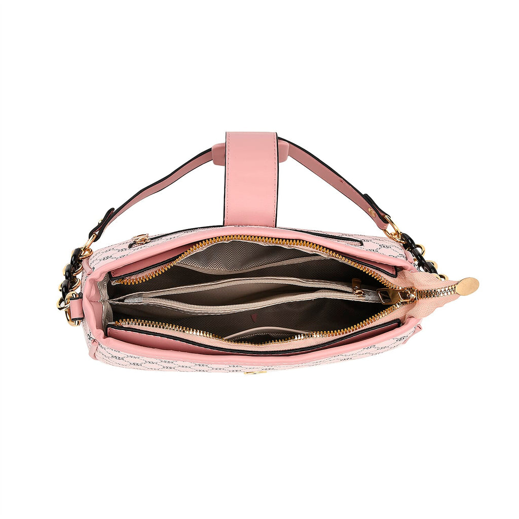 DESIGNER INSPIRED - Diamond Pattern Crossbody Bag with Chain Detail Strap - Pink