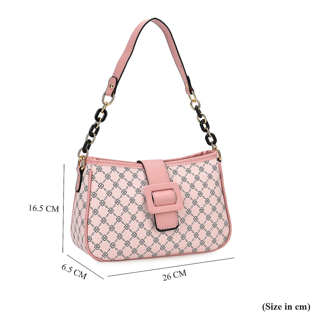 DESIGNER INSPIRED - Diamond Pattern Crossbody Bag with Chain Detail Strap - Pink