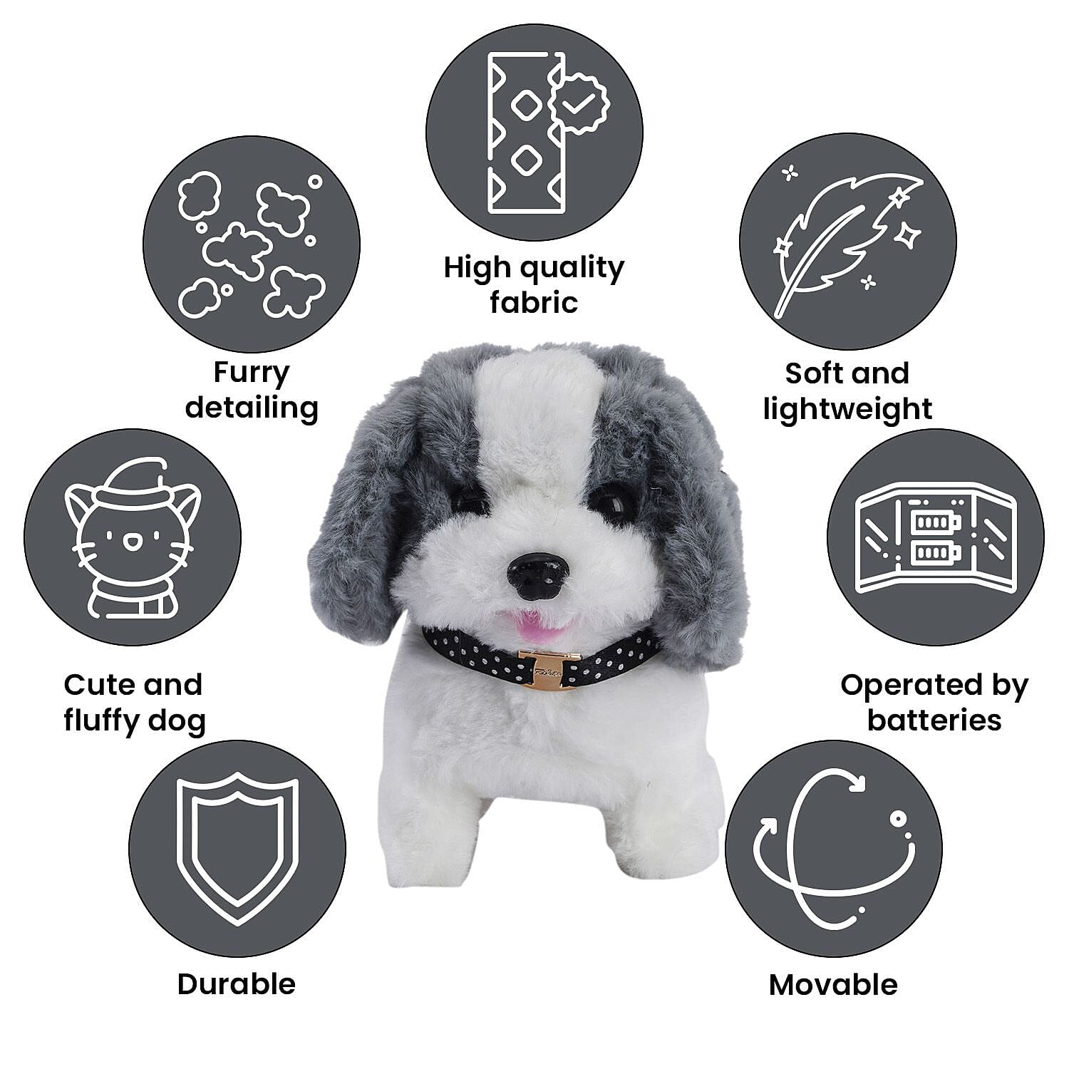 Doorbuster - Electric Walking Plush Dog Toy - Grey (Size 18x15x13 cm, 2 AA Battery Not Incl.)