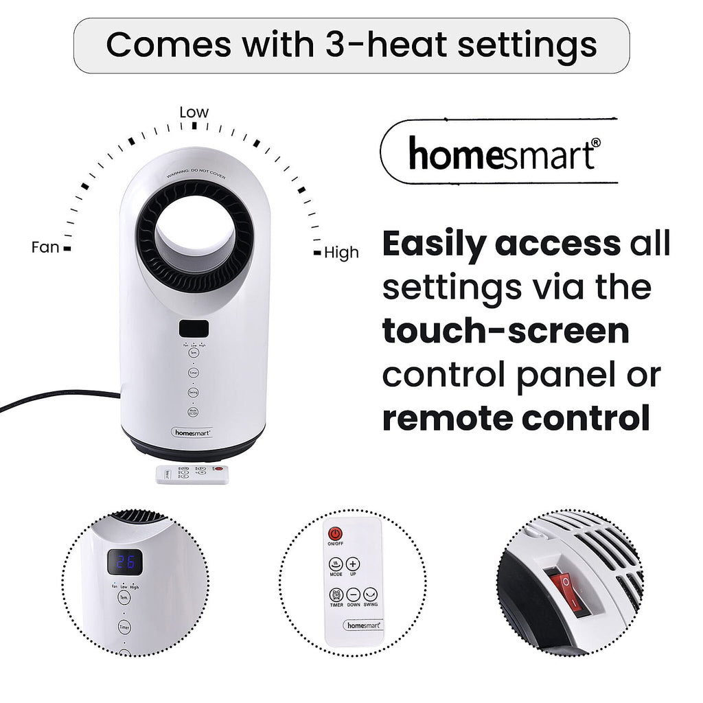 Homesmart 2 in 1 Bladeless Heater and Fan with Remote Control Supporting 60 Degree Wide Angle Oscillation with LED indicator Display