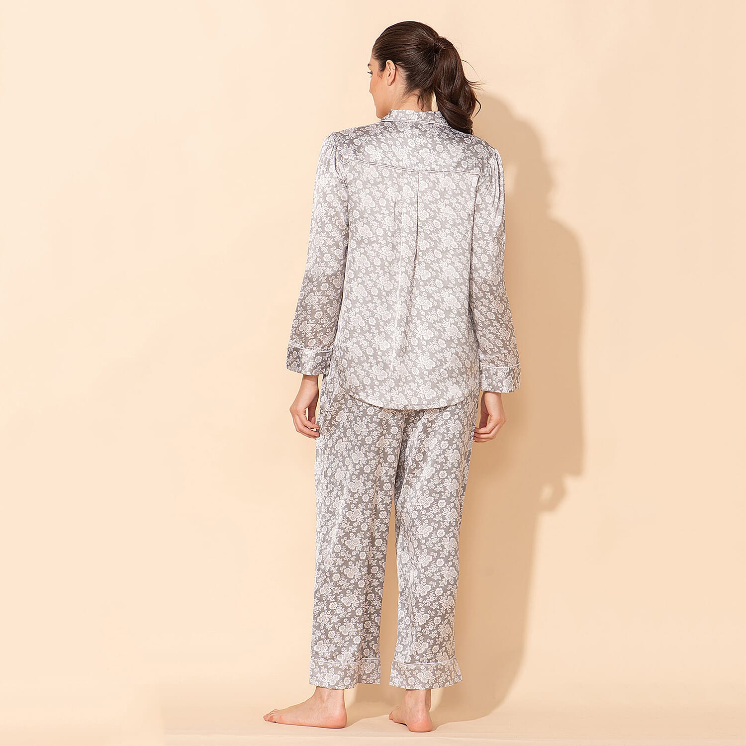 Doorbuster - TAMSY Floral Pattern Silk Like Nightwear Set (Size XXL) - Grey & White