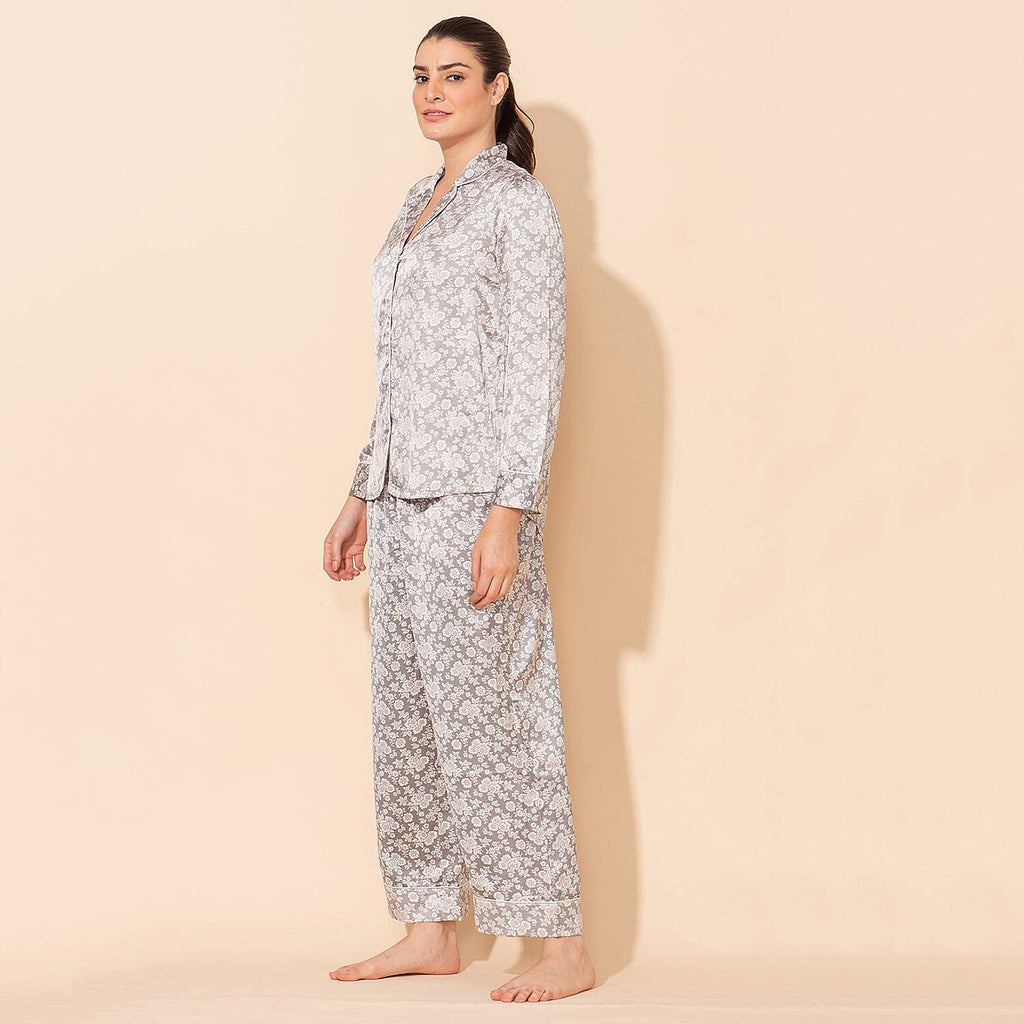 Doorbuster - TAMSY Floral Pattern Silk Like Nightwear Set (Size XXL) - Grey & White