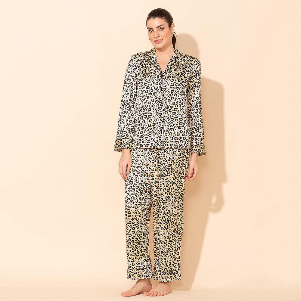 Doorbuster - TAMSY Leopard Pattern Silk Like Nightwear Set (Size XL) - Champagne