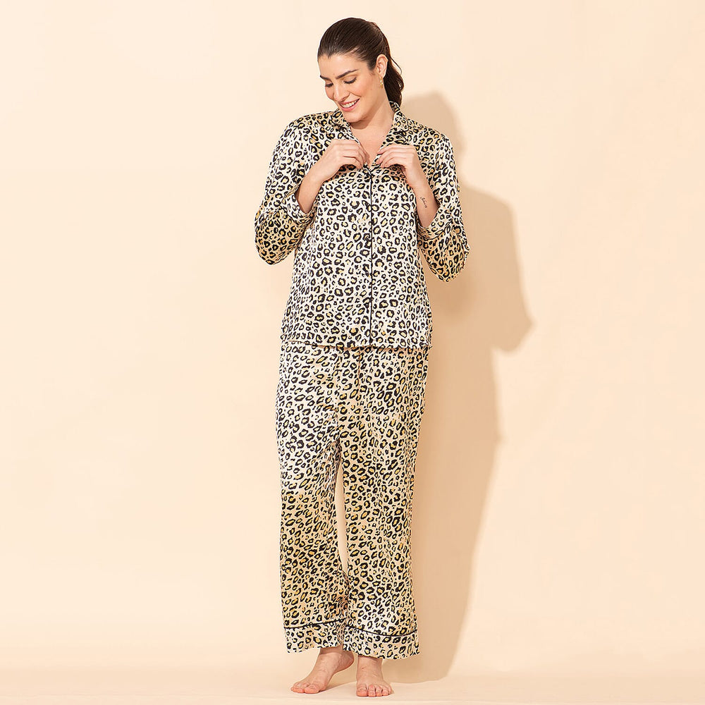 Doorbuster - TAMSY Leopard Pattern Silk Like Nightwear Set (Size XL) - Champagne