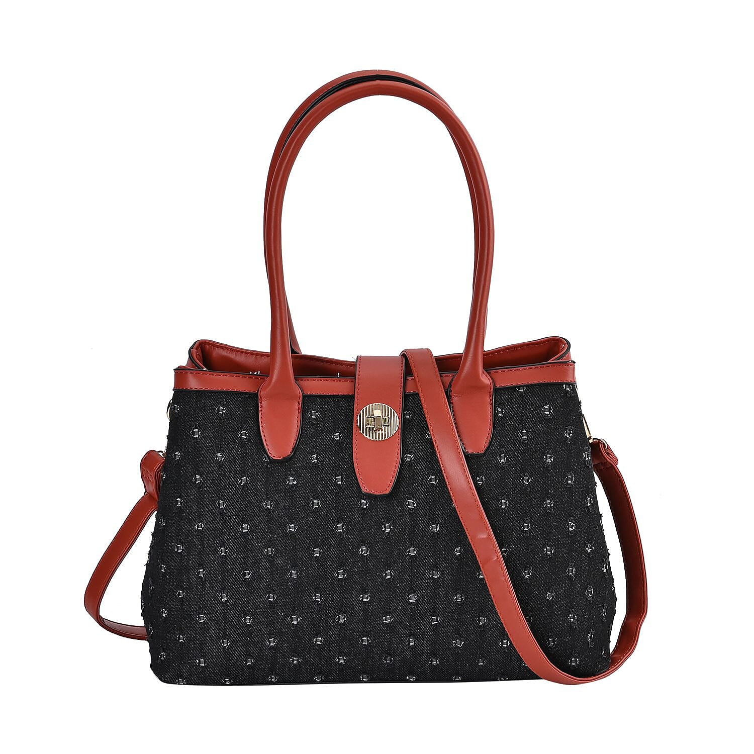 Dot Pattern Crossbody Bag With 2 Exterior Zipper Pockets - Handle Drop - Black