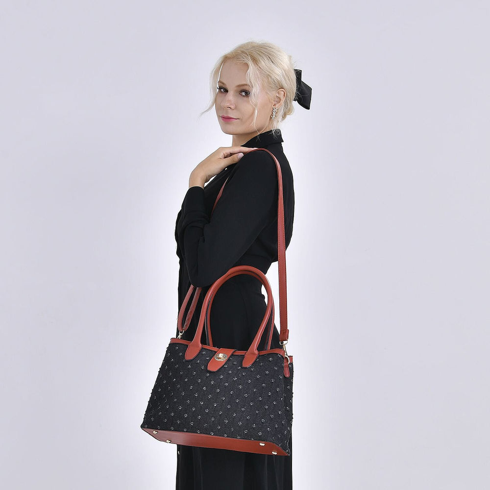 Dot Pattern Crossbody Bag With 2 Exterior Zipper Pockets - Handle Drop - Black