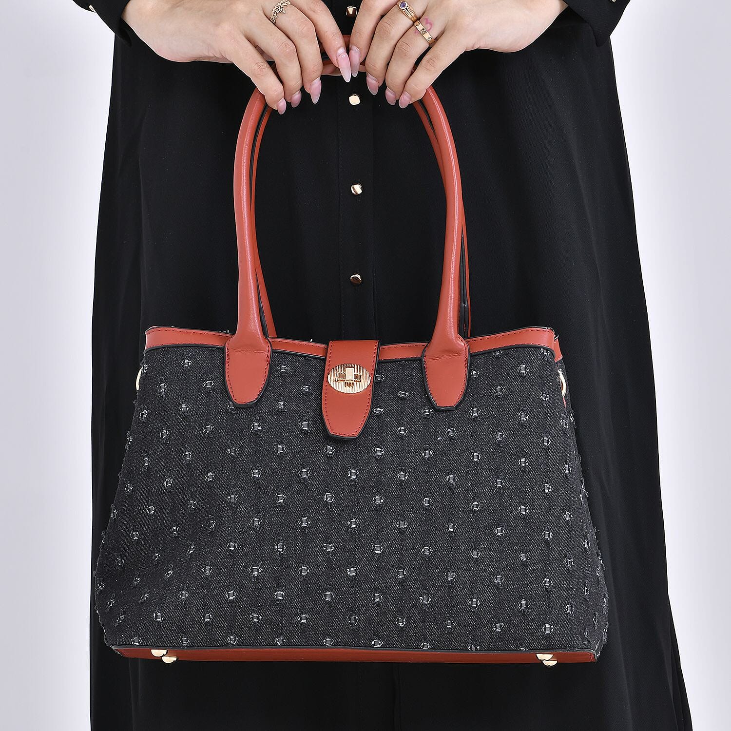 Dot Pattern Crossbody Bag With 2 Exterior Zipper Pockets - Handle Drop - Black