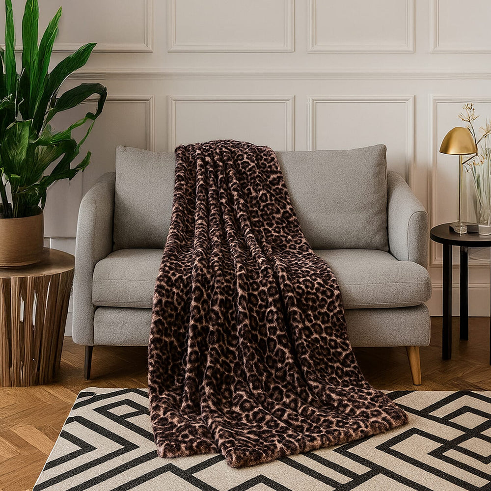 HUSH HAVEN Ultra Luxurious Double Layer Super Soft Faux Fur Leopard Print Blanket 500 GSM for Sumptuous Warmth (180x150 cm) - Dark Brown