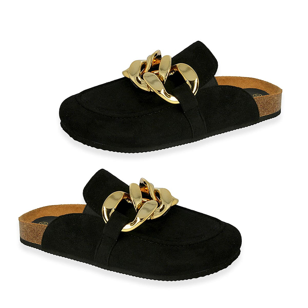 Down To Earth Ladies Footbed Flat Sandal With Chunky Gold Chain (Size 3) - Black