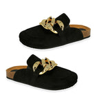 Down To Earth Ladies Footbed Flat Sandal With Chunky Gold Chain(Size - 4) - Black