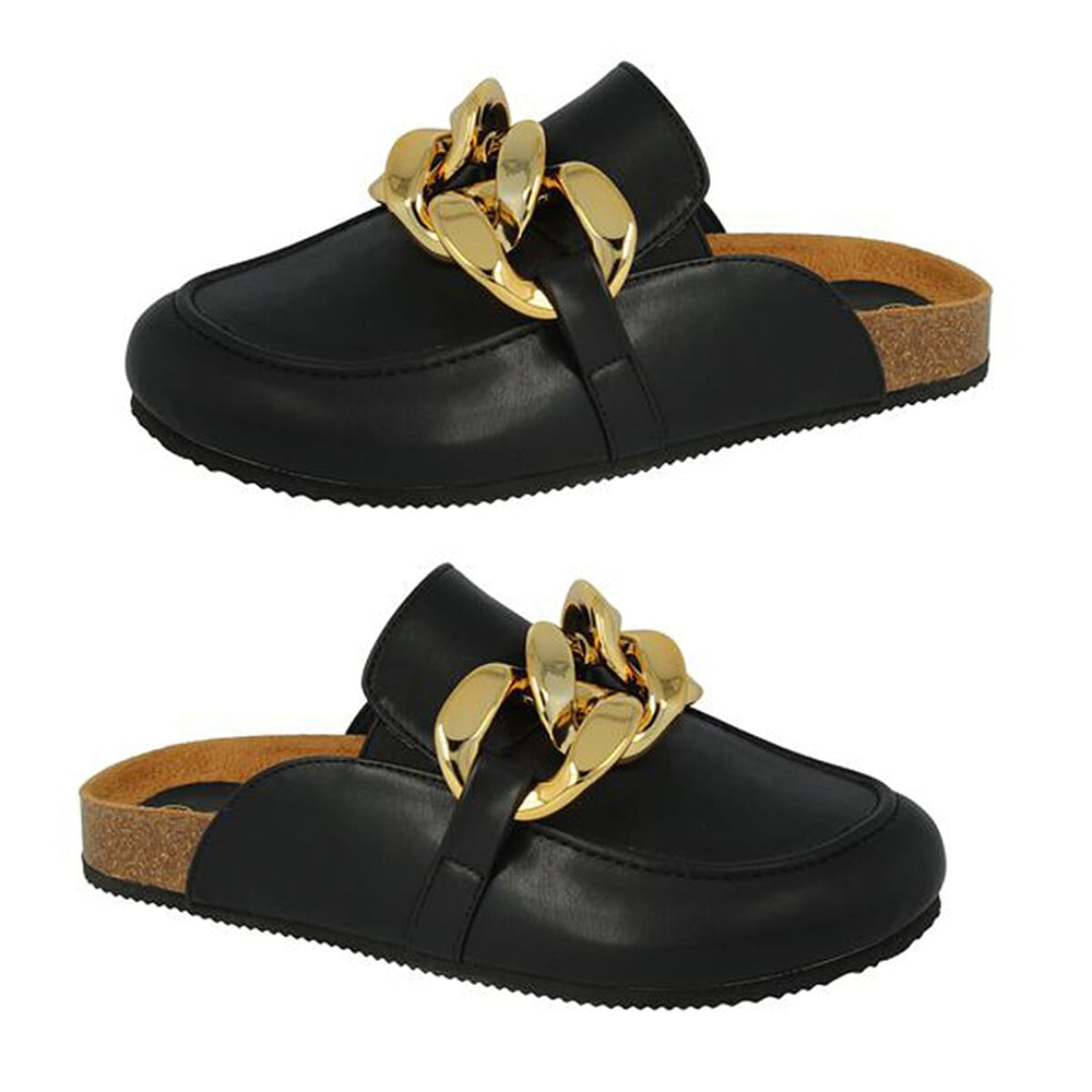 Down To Earth Ladies Footbed Flat Sandal With Chunky Gold Chain (Size - 4) - Black