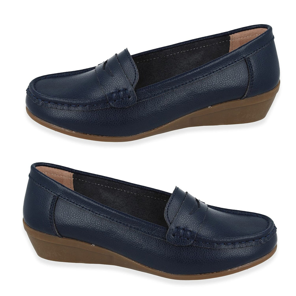 Down To Earth Womens Action Leather Wide Fit Comfort Wedge Loafers (Size 7) - Navy