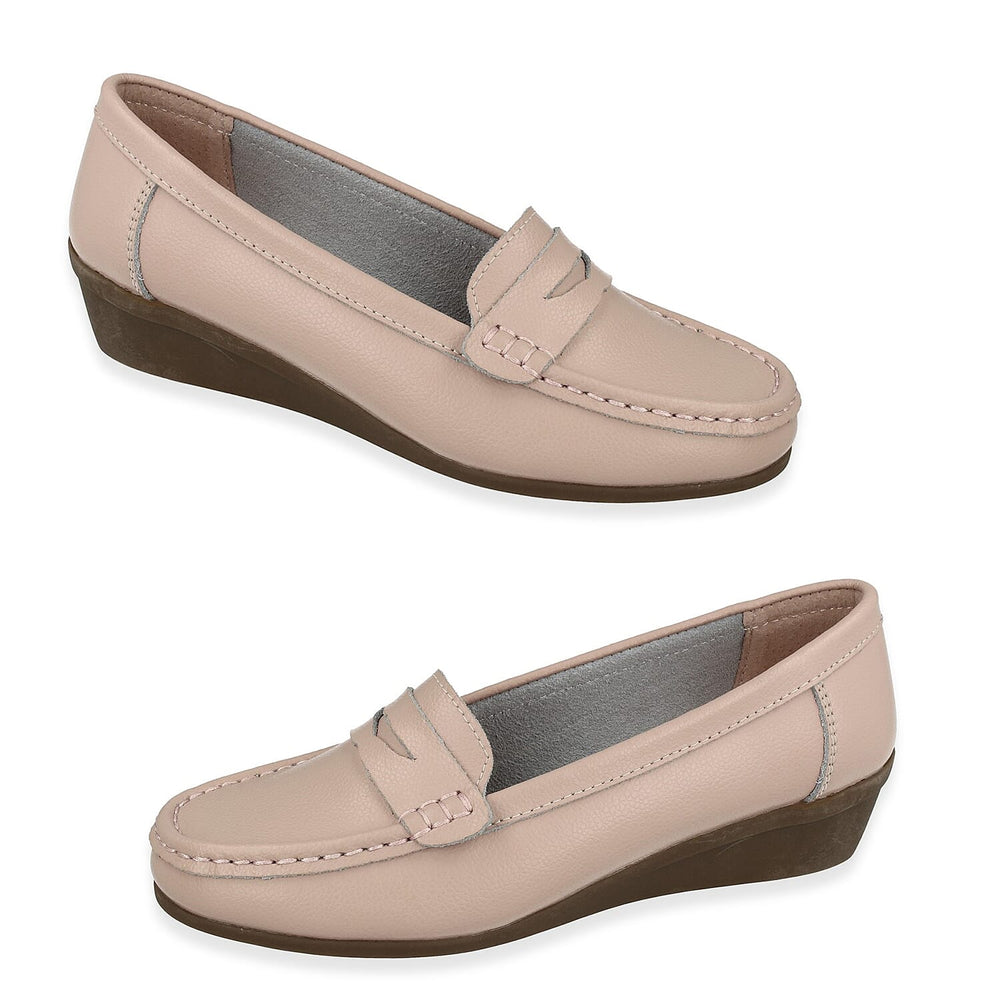 Down To Earth Womens Action Leather Wide Fit Comfort Wedge Loafers (Size 5) - Pink