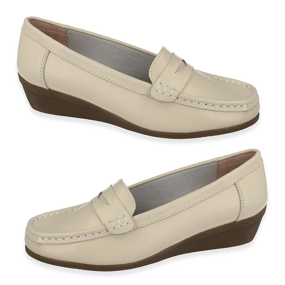 Down To Earth Womens Action Leather Wide Fit Comfort Wedge Loafers (Size 3) - Beige