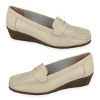 Down To Earth Womens Action Leather Wide Fit Comfort Wedge Loafers (Size 6) - Beige