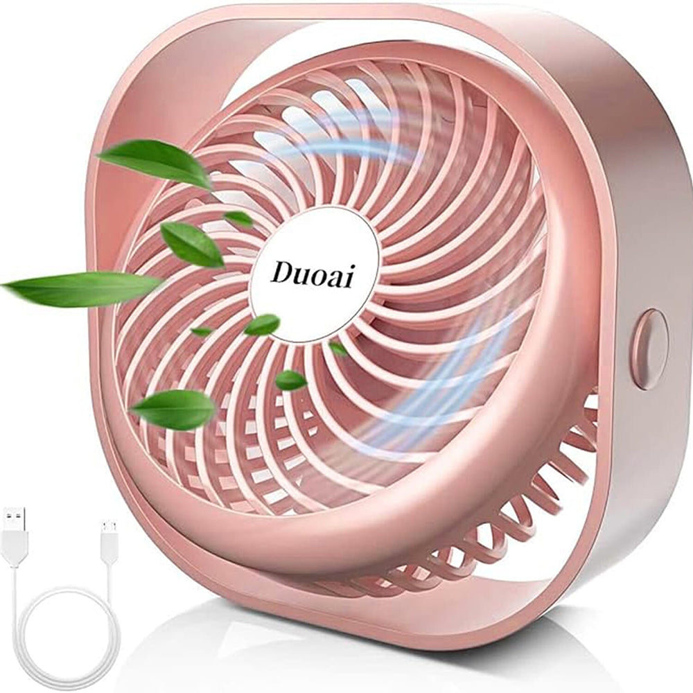 Duoai Mini USB Desk Fan Built in Battery 2000mAh Rechargeable, Portable with 360 Rotation 3 Speeds - Pink
