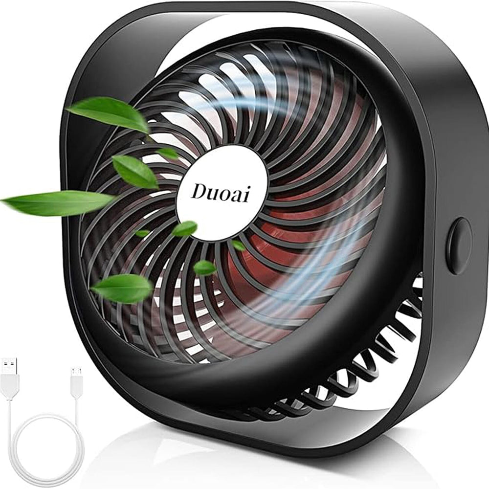 Duoai Mini USB Desk Fan Built in Battery 2000mAh Rechargeable, Portable with 360 Rotation 3 Speeds - Black