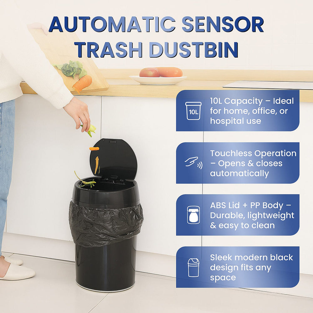 Sensor Smart Trash Can - 10L Automatic Dustbin with ABS Lid & PP Body - Black