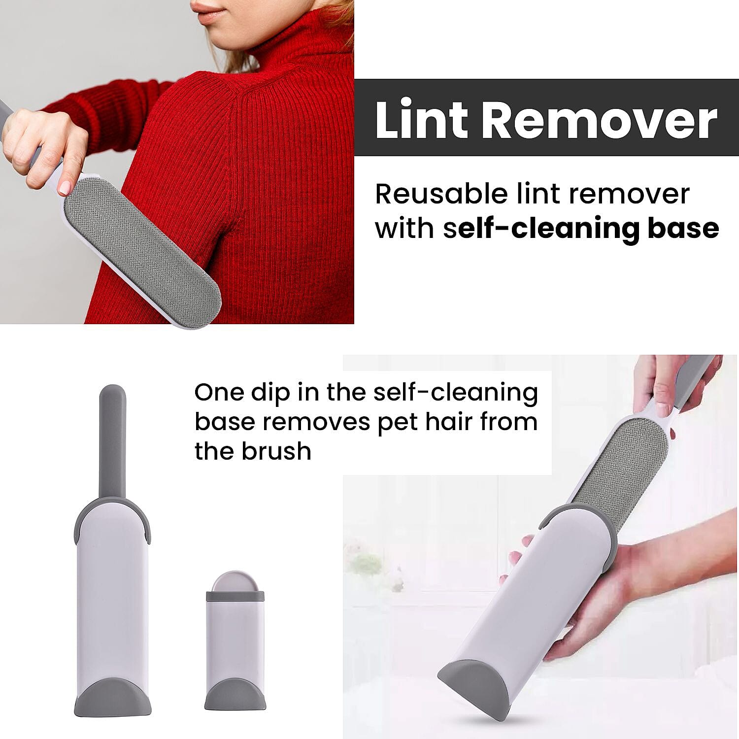 Set of 2 Reusable Lint Remover with Self-Cleaning Base - Grey