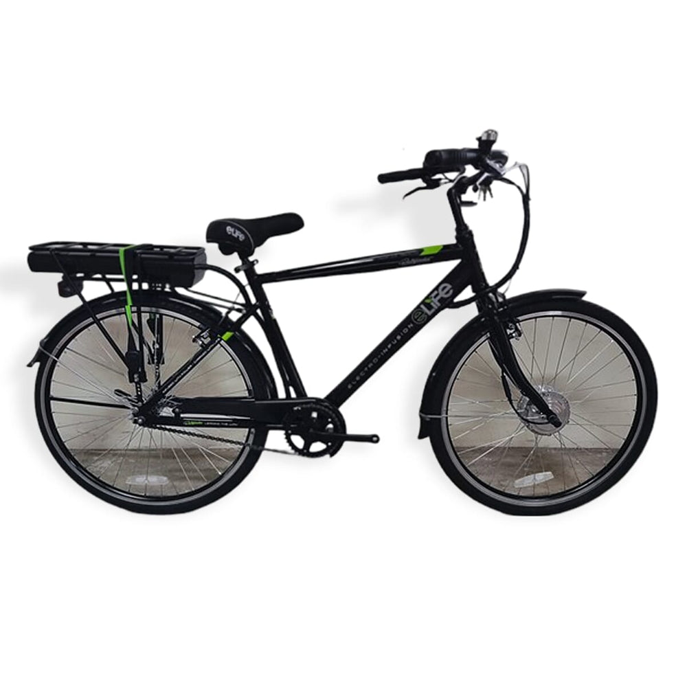E-life Pathfinder Hybrid Gents Electric Bike with 3 Power Modes & Heavy Duty Backrack (upto 40 Miles Range), 24v 8.7Ah Samsung battery - Black, maximum user weight 120kgs-18stone