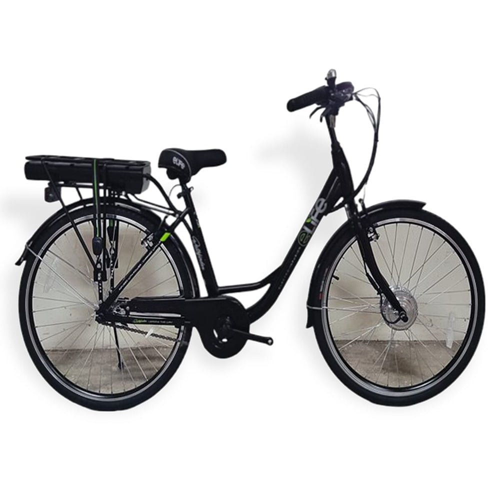 E-life Pathfinder Ladies Hybrid Electric Bike with 3 Power Modes & Heavy Duty Backrack (upto 40 Miles Range), 24v 8.7Ah Samsung battery - Black, maximum user weight 120kgs-18stone