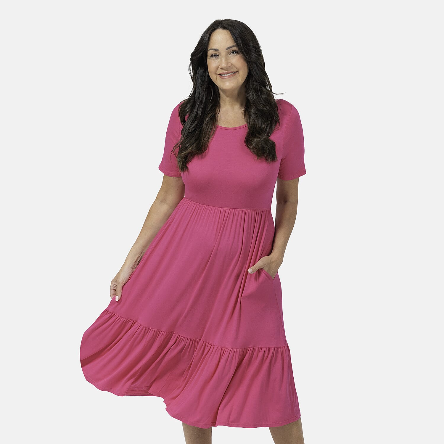 EBCSO Emelia Plain Midi Dress (96% Viscose, 4% Elastane) - Cerise - Size M