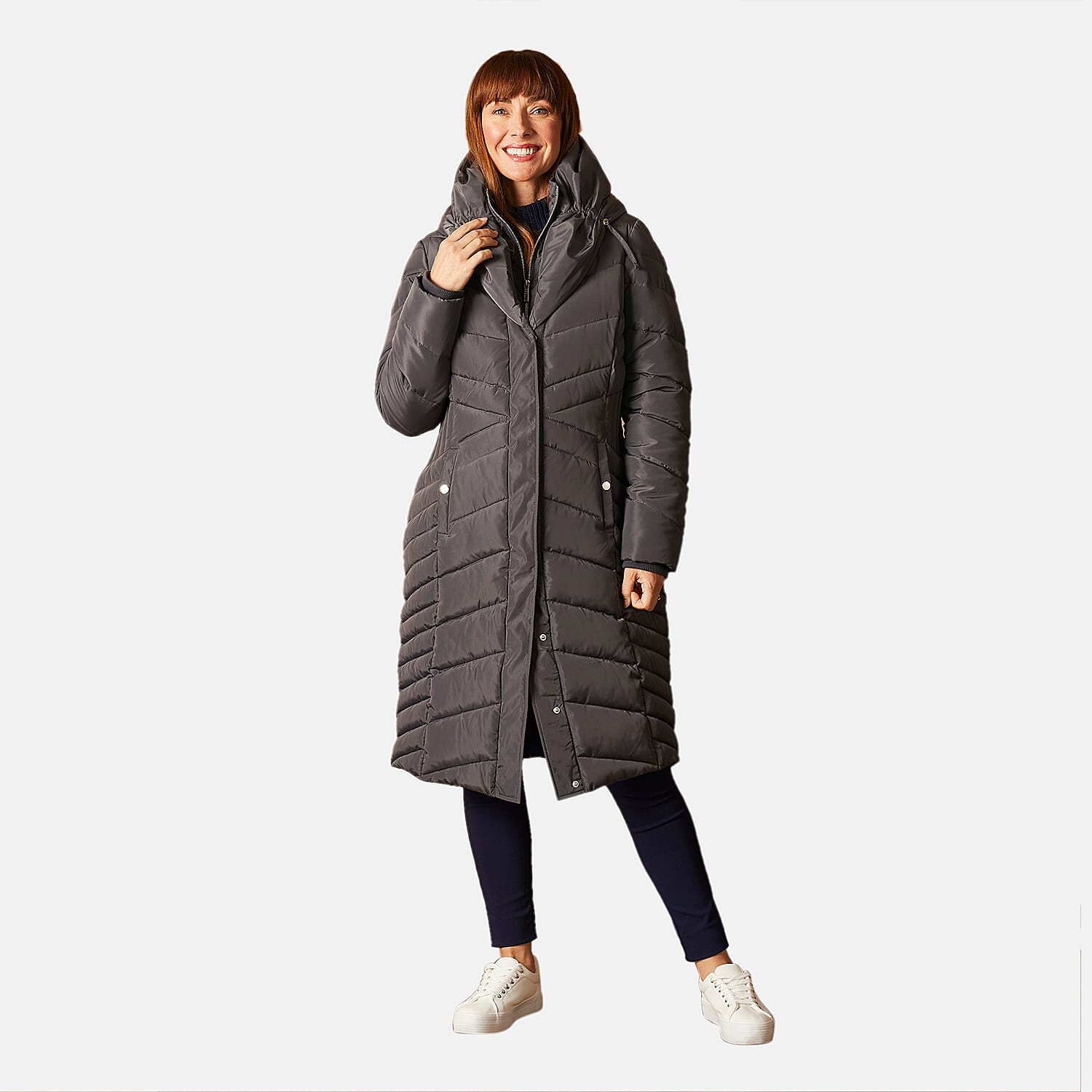 Emreco Shawl Collar Longline Padded Coat (Size 16) - Grey