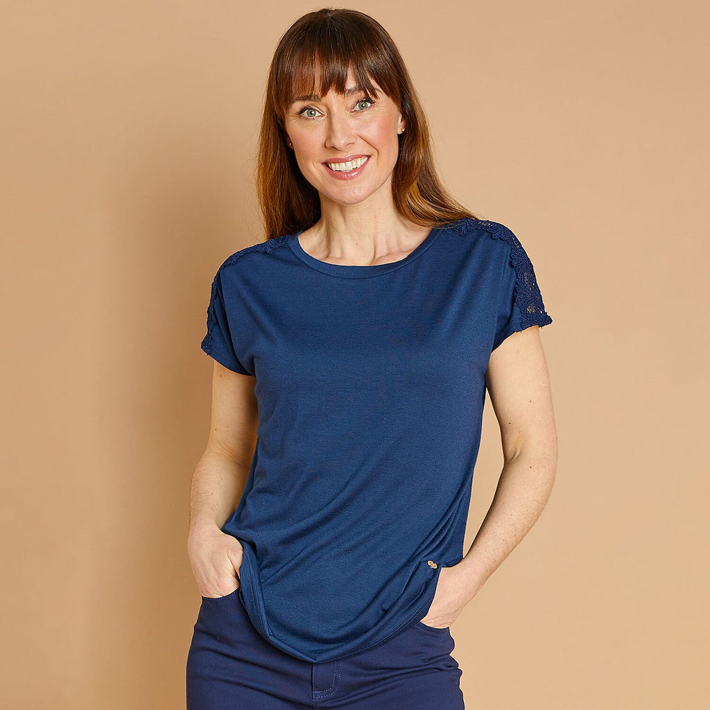 Emreco Slub Lace Jersey T-Shirt (Size 20) - Navy