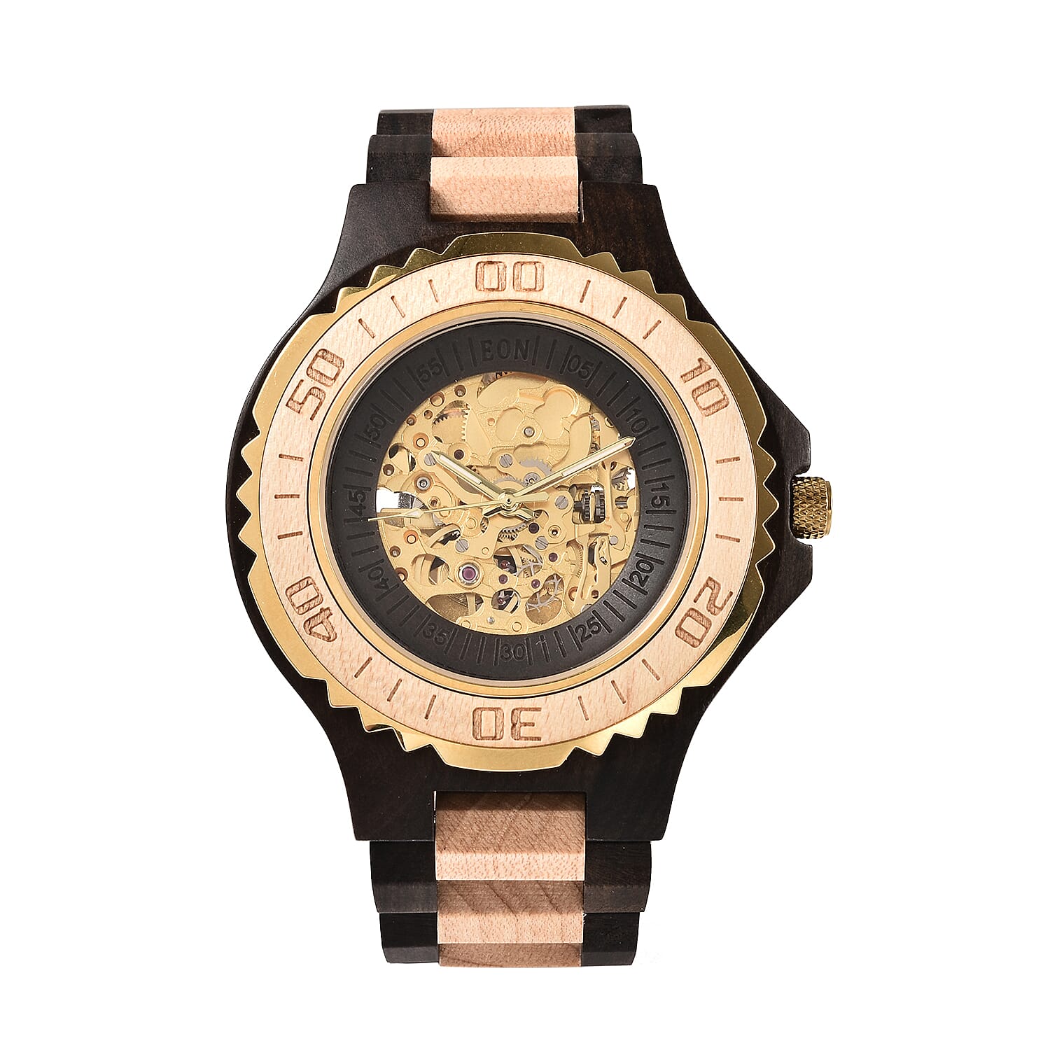 EON 1962 Japanese Movement Skeleton Dial Sandalwood Water Resistant Watch in Black - Tan Colour Strap