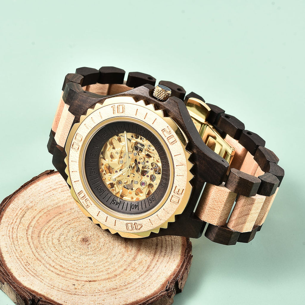 EON 1962 Japanese Movement Skeleton Dial Sandalwood Water Resistant Watch in Black - Tan Colour Strap