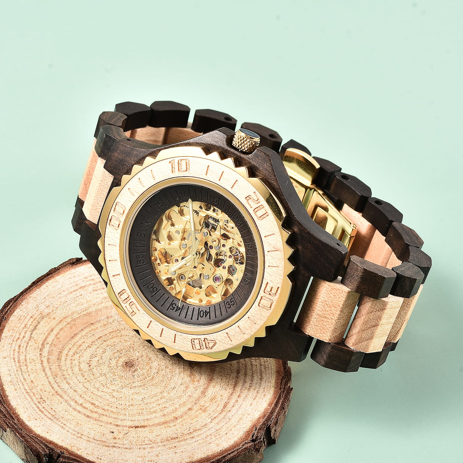 EON 1962 Japanese Movement Skeleton Dial Sandalwood Water Resistant Watch in Black - Tan Colour Strap