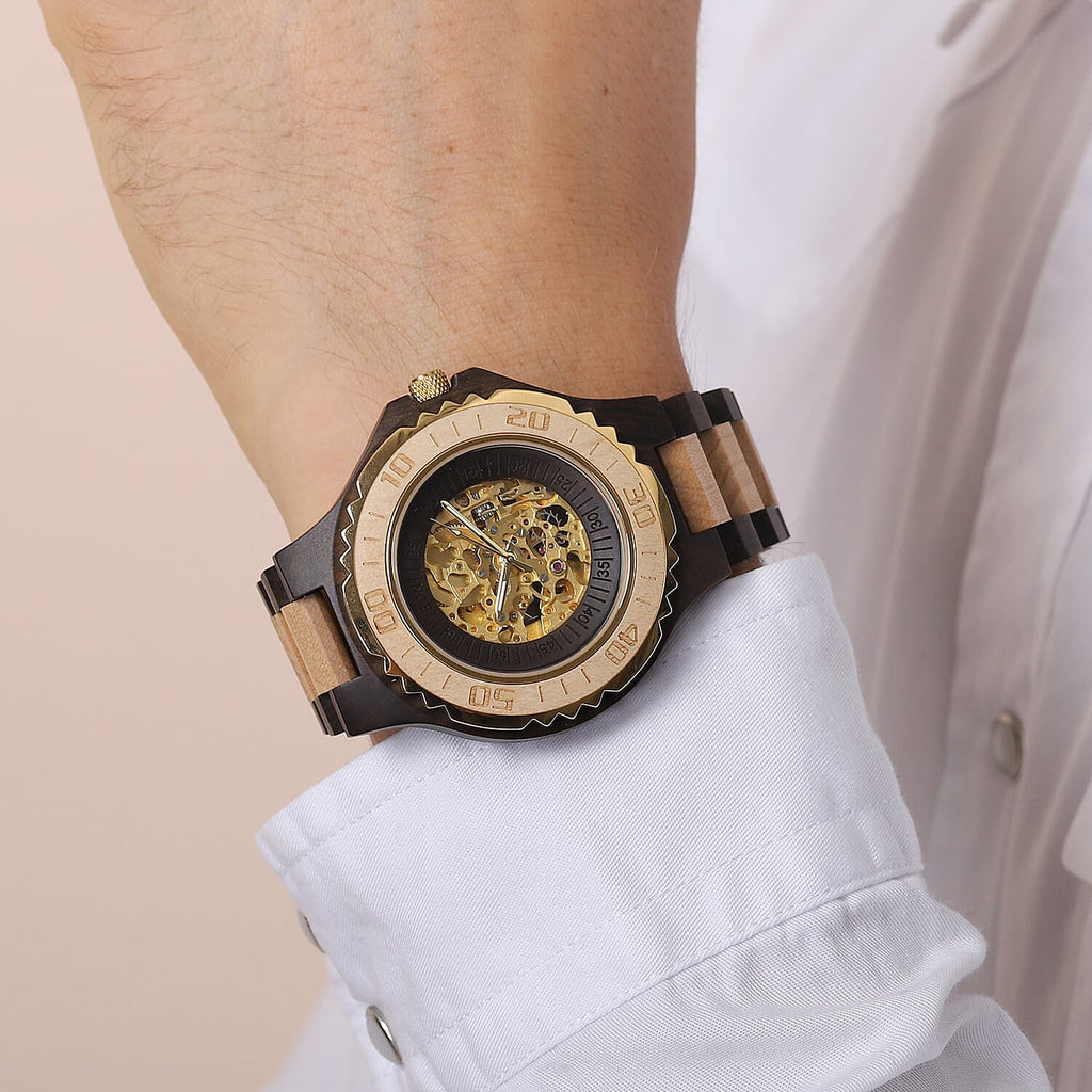 EON 1962 Japanese Movement Skeleton Dial Sandalwood Water Resistant Watch in Black - Tan Colour Strap